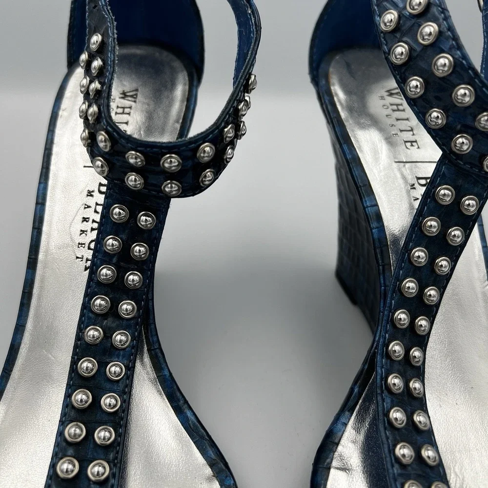 White House Black Market Paris Blue Studded Ankle Strap Wedges‎ Size 9.5